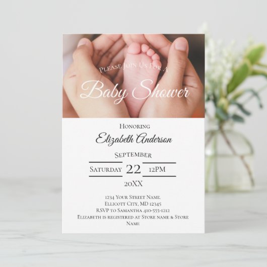 Baby Feet Foto Schwarz-weiß Boy Girl Babydusche Einladung (Stehend Vorderseite)