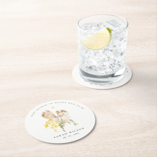 Baby Feet Gelbblütengeschlecht neutrale Babydusche Runder Pappuntersetzer (Vor Ort)