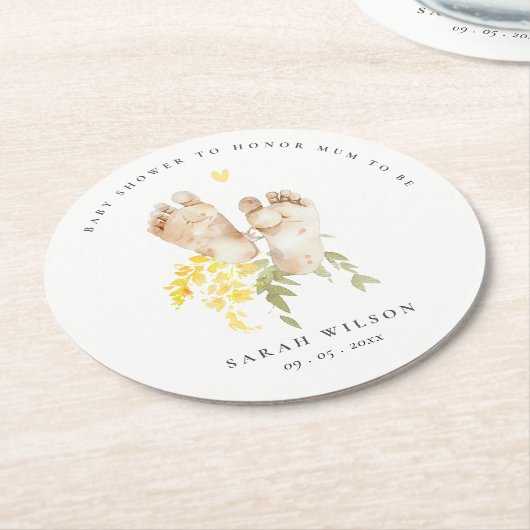 Baby Feet Gelbblütengeschlecht neutrale Babydusche Runder Pappuntersetzer (Angewinkelt)