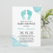 Baby Feet Watercolor Türkis Baby Dusche Einladung (Stehend Vorderseite)