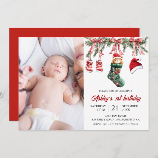 Baby first birthday Christmas themed Einladung (Vorne/Hinten)