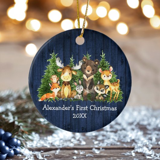 Baby First Blue Wood Christmas Forest Animals Keramik Ornament