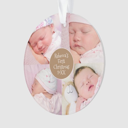 Baby First Christmas 4 Foto Collage Name Ornament (Vorderseite)