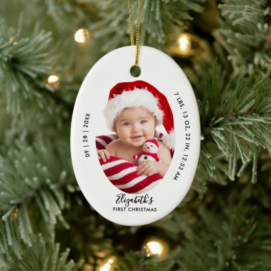 Baby First Christmas Birth Stats Name Minimal Chic Keramik Ornament (Baum)