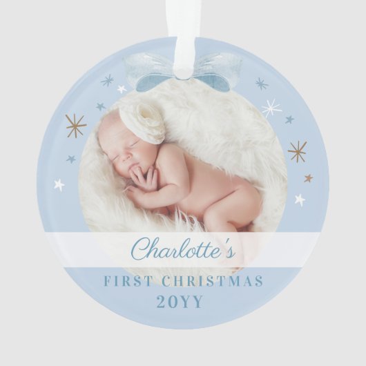 Baby First Christmas Blue Bow & Stars Ornament (Rückseite)