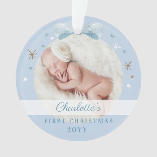 Baby First Christmas Blue Bow & Stars Ornament (Vorderseite)
