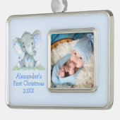 Baby First Christmas Blue Elephant Foto Rahmen-Ornament Silber (Links)