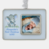 Baby First Christmas Blue Elephant Foto Rahmen-Ornament Silber (Vorderseite)