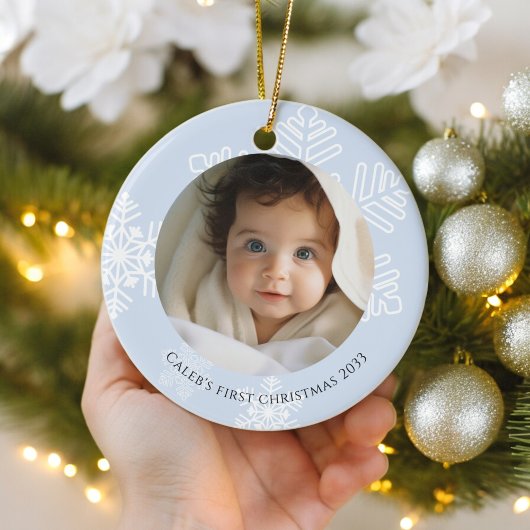 Baby First Christmas blue modern Snowflakes Foto Keramik Ornament