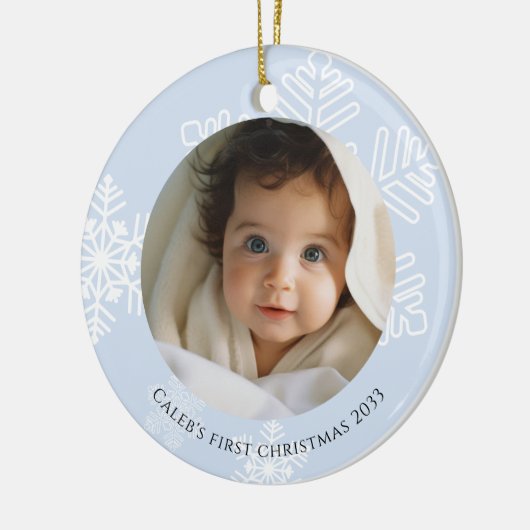 Baby First Christmas blue modern Snowflakes Foto Keramik Ornament (Links)