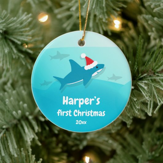 Baby First Christmas Blue Shark Keramik Ornament (Baum)