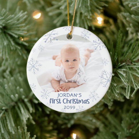 Baby First Christmas Blue Snowflake 2 Foto Keramik Ornament (Baum)