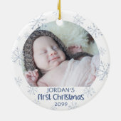 Baby First Christmas Blue Snowflake 2 Foto Keramik Ornament (Hinten)