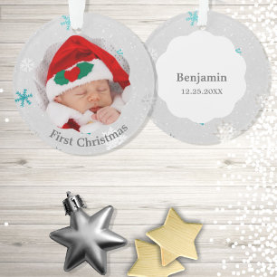 Baby First Christmas Blue Snowflakes Foto Ornament