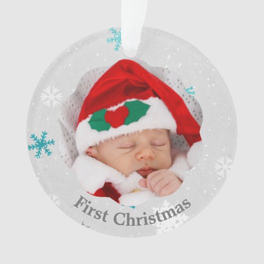 Baby First Christmas Blue Snowflakes Foto Ornament (Vorderseite)