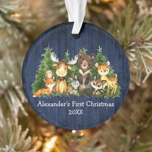 Baby First Christmas Blue Wood Forest Animals Ornament (Baum)