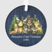 Baby First Christmas Blue Wood Forest Animals Ornament (Rückseite)