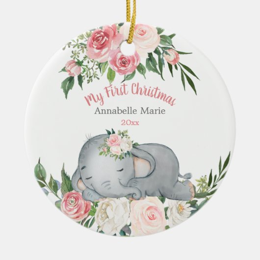 Baby First Christmas Blush Rose Elephant Keramik Ornament (Vorne)