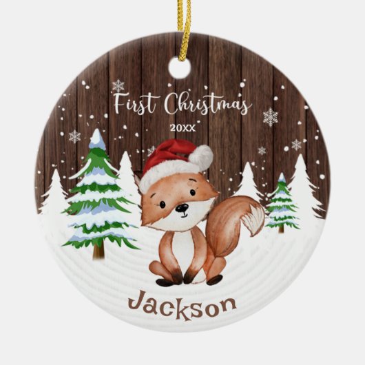 Baby First Christmas Boy's Fox Personalisiert Keramik Ornament (Vorne)