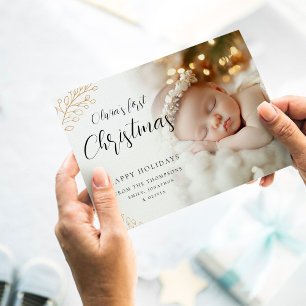 Baby First Christmas Calligraphy Blätter Foto Feiertagskarte