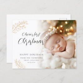 Baby First Christmas Calligraphy Blätter Foto Feiertagspostkarte