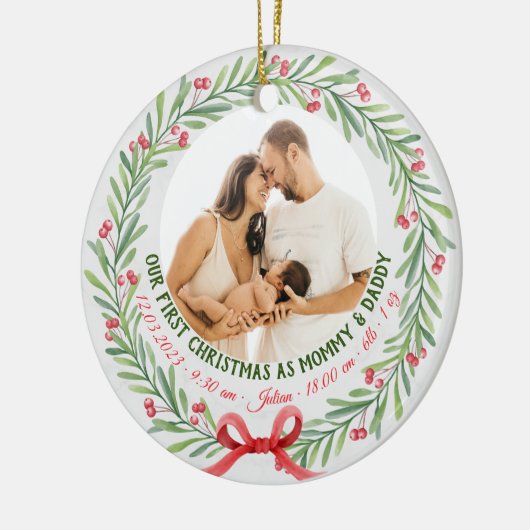 Baby First Christmas Custom 2-Foto & Geburtsstunde Keramik Ornament (Links)