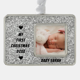 Baby First Christmas Custom Foto und Name Glitzer Rahmen-Ornament Silber