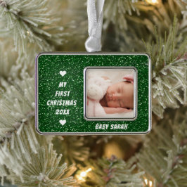 Baby First Christmas Custom Foto und Name Glitzer Rahmen-Ornament Silber
