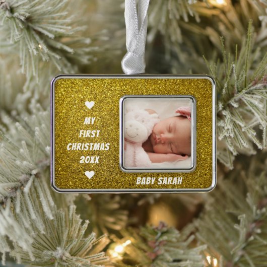 Baby First Christmas Custom Foto und Name Glitzer Rahmen-Ornament Silber (Baum)