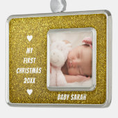 Baby First Christmas Custom Foto und Name Glitzer Rahmen-Ornament Silber (Links)