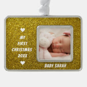 Baby First Christmas Custom Foto und Name Glitzer Rahmen-Ornament Silber (Vorderseite)