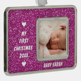 Baby First Christmas Custom Foto und Name Glitzer Rahmen-Ornament Silber