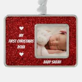 Baby First Christmas Custom Foto und Name Glitzer Rahmen-Ornament Silber