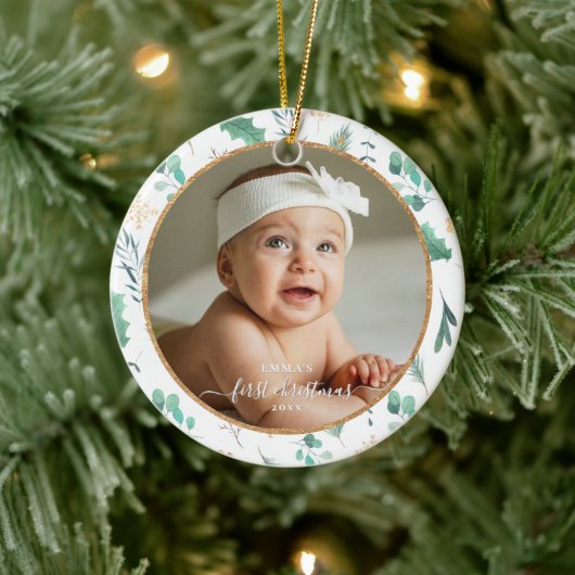 Baby First Christmas Custom Photo Watercolor Keramik Ornament (Baum)