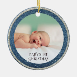 Baby First Christmas Denim Rhinestones Snowflakes Keramik Ornament