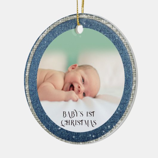 Baby First Christmas Denim Rhinestones Snowflakes Keramik Ornament (Links)