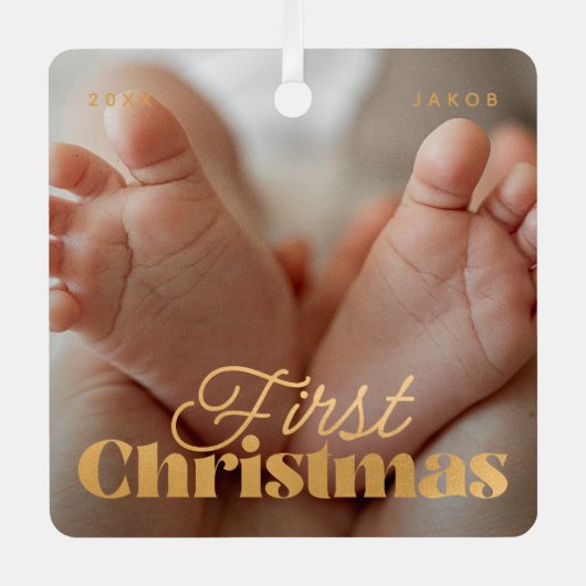 Baby First Christmas Elegantes Modern Custom Foto Ornament Aus Metall (Vorderseite)