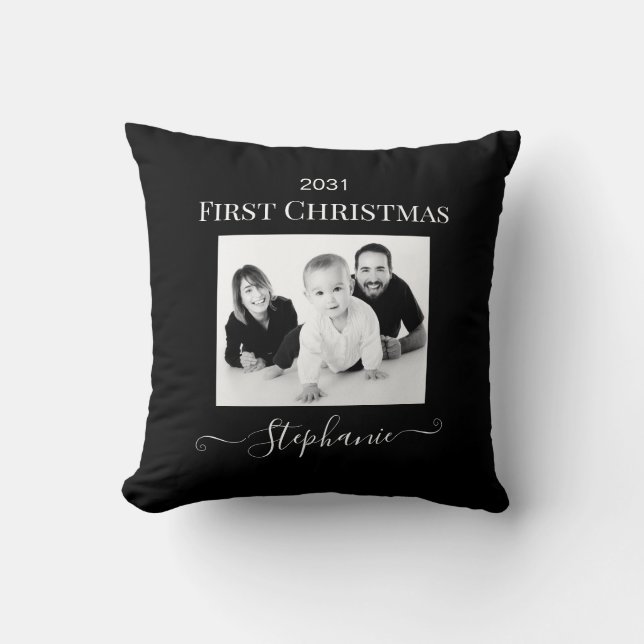 Baby First Christmas Elegantes Modern Keepake Foto Kissen (Vorderseite)