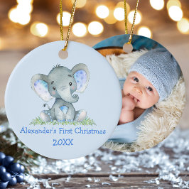 Baby First Christmas Elephant Blue FOTO Keramik Ornament