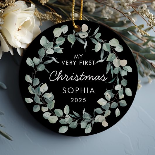 Baby First Christmas Eucalyptus Wreath Black Keramik Ornament