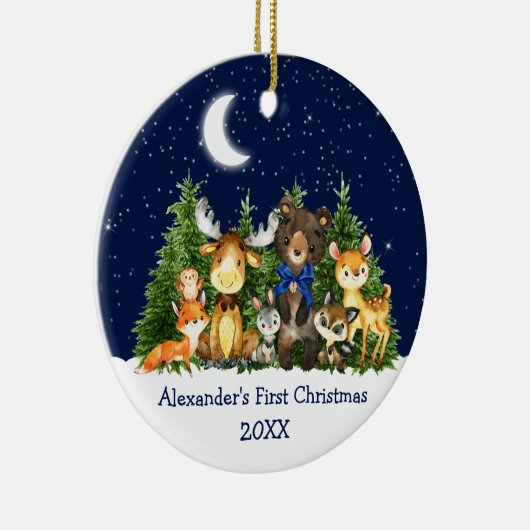 Baby First Christmas Forest Animals Blue Bow Keramik Ornament (Rechts)