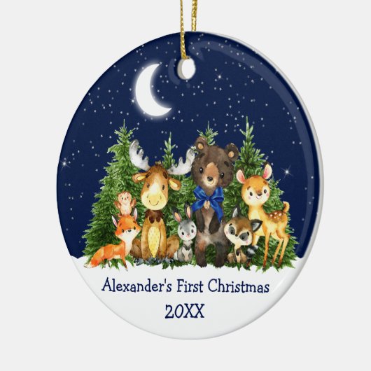 Baby First Christmas Forest Animals Blue Bow Keramik Ornament (Links)