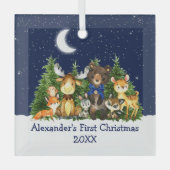 Baby First Christmas Forest Animals Blue Bow Ornament Aus Glas (Vorderseite)