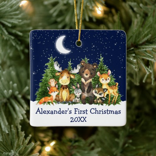 Baby First Christmas Forest Animals Blue Keramikornament (Baum)