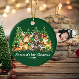 Baby First Christmas Forest Animals Green FOTO Keramik Ornament