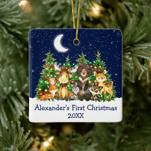 Baby First Christmas Forest Animals Lights Blue Keramikornament (Baum)