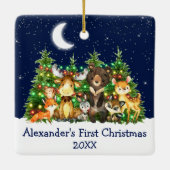 Baby First Christmas Forest Animals Lights Blue Keramikornament (Rückseite)