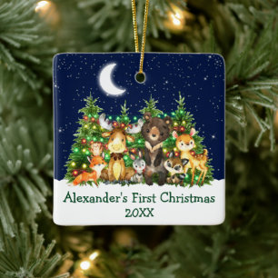 Baby First Christmas Forest Animals Lights Green Keramikornament