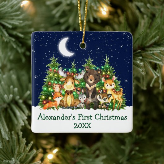 Baby First Christmas Forest Animals Lights Green Keramikornament (Baum)