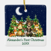 Baby First Christmas Forest Animals Lights Green Keramikornament (Vorderseite)